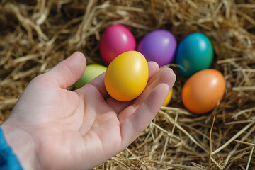 Obraz premium hand holding a easter egg. in front of the chicken farm with full color eggs on a pile of hay.