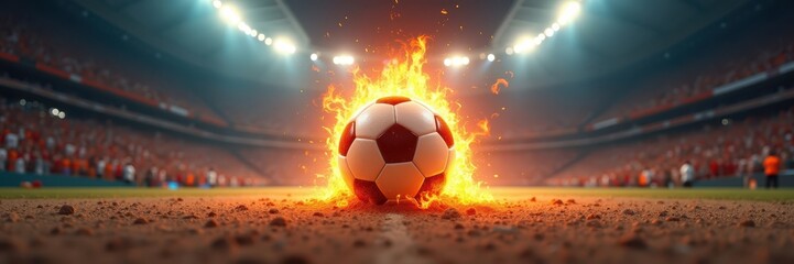 Fototapeta premium Soccer Ball Engulfed in Flames at Stadium