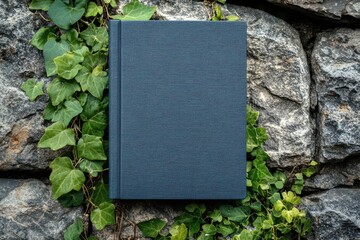 Elegant blue book resting against a rustic stone wall adorned with vibrant green ivy leaves creating a natural serene scene
