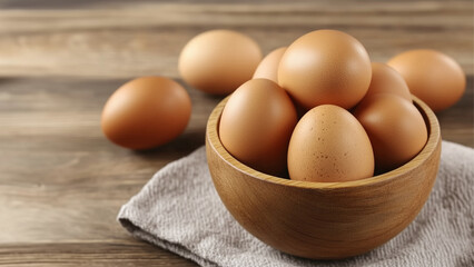 Eggs in the wooden bowl, placed on a tablecloth. On a wooden table