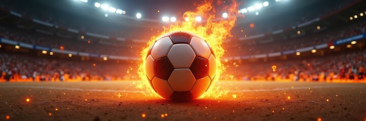 Fototapeta premium Fiery Soccer Ball on the Field, Stadium Setting