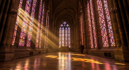 Obraz premium Christian church stained glass window, highlighting the intricate details and the beautiful reflection of light on the church stone floor 