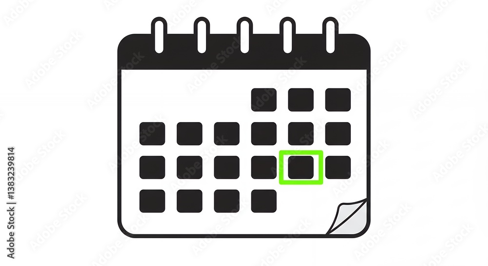 Poster calendar icon marking a specific day with a green square for reminders and schedules, illustrating p