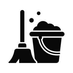 A well crafted glyph icon showing cleaning bucket with mop