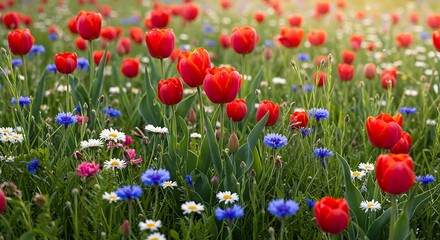 Fototapeta premium A vibrant spring meadow bursting with red tulips and wildflowers, bathed in warm sunlight and a gentle breeze.
