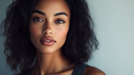 Naklejka premium Close up portrait of a beautiful young woman with dark hair and eyes.
