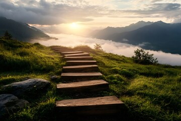Fototapeta premium Wooden stairway leading above the clouds at sunrise in the mountains