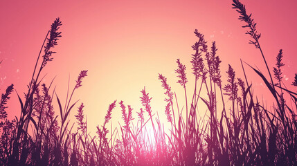 Silhouetted grass and plants against vibrant sunset sky, Blank background illustration with copy space for text or branding, empty area, Perfect negative space for content placement.
