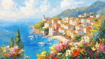 Coastal village vista: sun-kissed buildings and azure waters in impressionistic style.