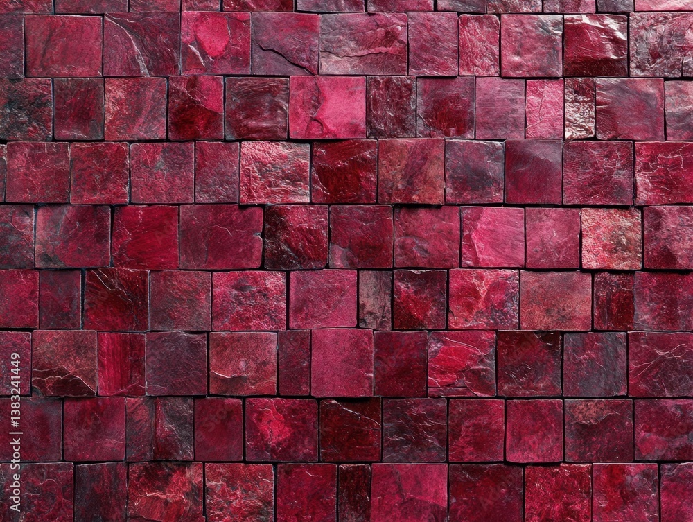 Poster textured red stone tiles create a captivating geometric pattern with a rustic and artisanal feel per