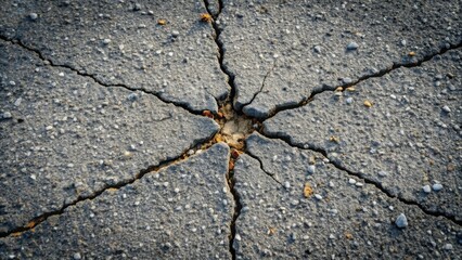 Obraz premium Starburst Fracture in Grey Surface A Detailed Close-up of Radiating Cracks in a Coarse-Grained Material