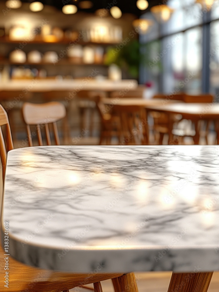 Poster elegant marble table in a cozy cafe setting with blurred background creating a warm inviting atmosph