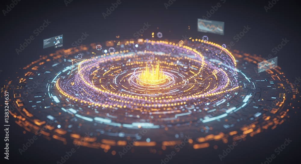 Poster futuristic technology displaying holographic data in a circular formation with glowing particles and