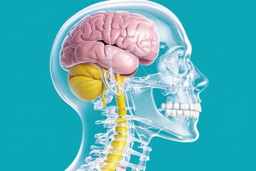 Human Brain Anatomy with Spinal Cord Translucent Skull Profile on Teal Background