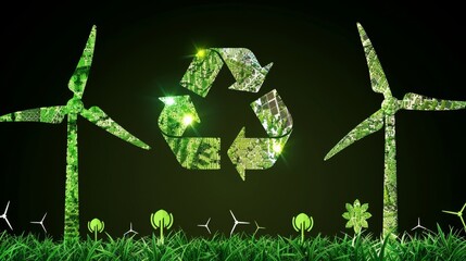 Close up of glowing green energy icons  wind turbines, solar panels, and recycling on digital screen