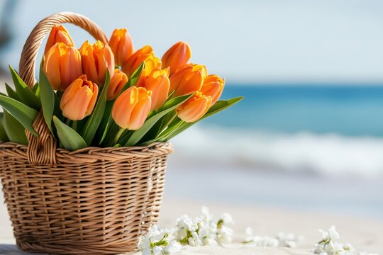 Orange tulips in wicker basket decorating tropical beach on sunny day