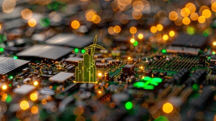 Close up of luminous renewable energy icons on a sleek digital interface with wind and solar power