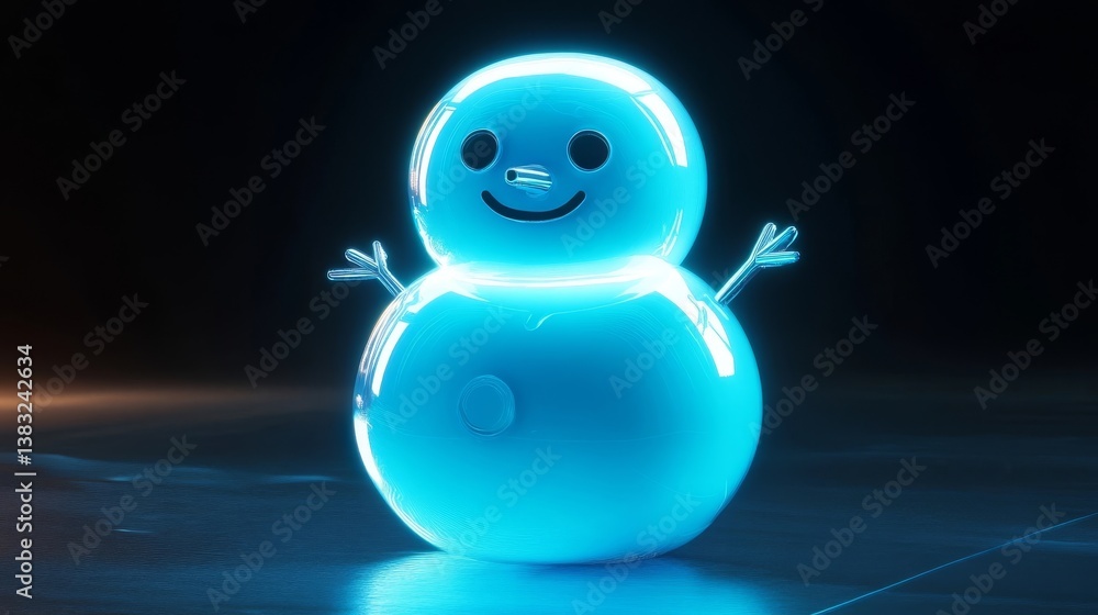 Poster gleaming snowman: a neon luminescence against a stark backdrop, reflecting light on textured surface