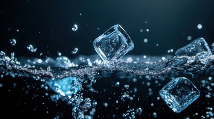 Ice cubes splash into water, creating a cascade of bubbles against a dark background, evoking a refreshing and dynamic visual.