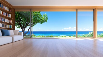 Fototapeta premium Serene and Inviting Interior Scene with Large Windows Overlooking a Blue Ocean and Lush Greenery in a Modern Home