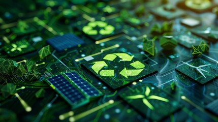 Close up of renewable energy icons  wind turbines, solar panels, and recycling on digital display