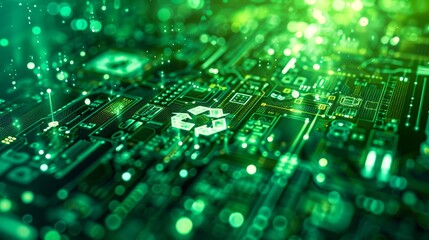 Close up of glowing renewable energy icons on a modern digital interface  wind, solar, recycling