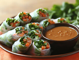 p: a plate of delicate spring rolls filled with fresh vegetables and herbs