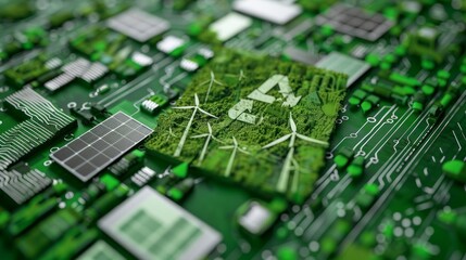 Close up of glowing renewable energy icons on a sleek digital interface  wind turbines, solar panels