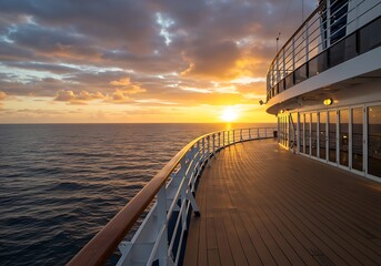Golden sunset cruise deck, a serene ocean voyage at dusk, bathed in warm light and gentle sea breezes.