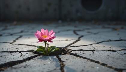Resilience Pink Flower Blooming in Cracked Earth, Symbol of Hope and Perseverance