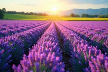 Fototapeta premium Rows of purple lavender blooming in sun-drenched field, meadow, farm, agriculture