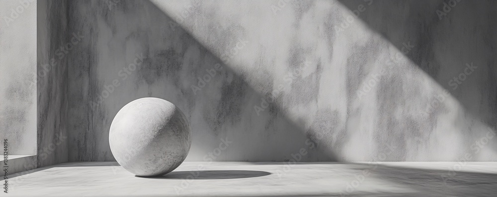 Poster Sunbeam lighting concrete sphere in empty room with copy space