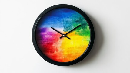 Chromatic horizon: a contemporary timepiece with vibrant spectrum design on crisp white surface.