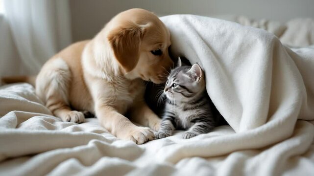 Golden retriever puppy cuddles with gray kitten beneath a cozy white blanket on a bed.