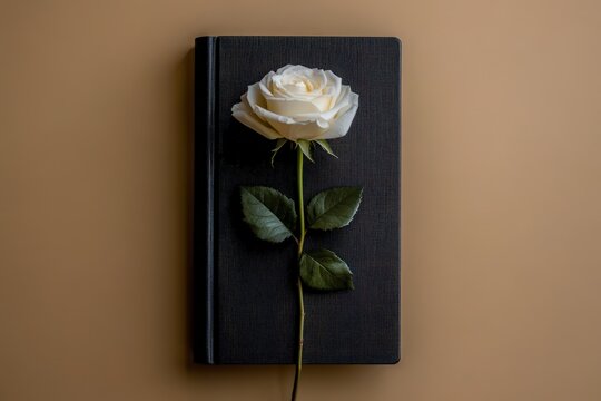 A white rose flower placed on a closed dark book