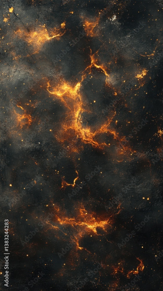 Poster abstract dark texture with fiery orange glowing veins and specks creating a cosmic and dramatic back
