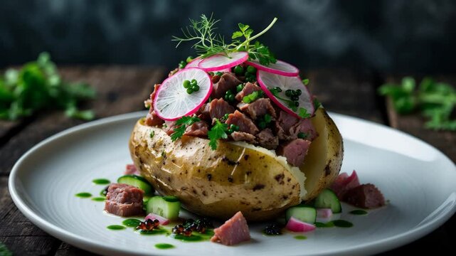 Gourmet plate featuring a potato foundation, adorned with meat, herbs, radish slices, and caviar, presented on a white dish. Ideal for culinary showcases and food videography.