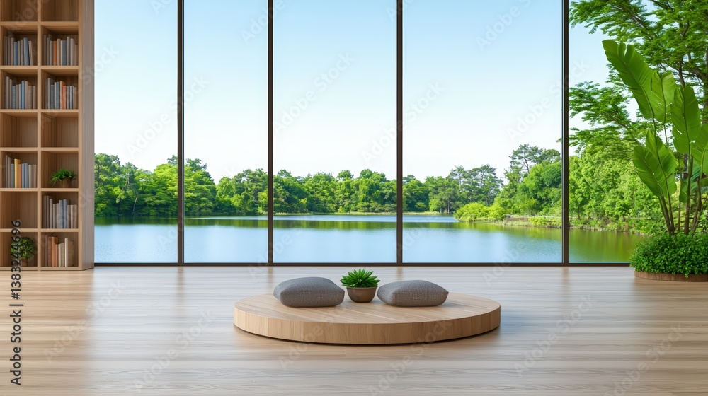 Poster tranquil and inviting interior scene featuring serene lake view and minimalist design elements for r