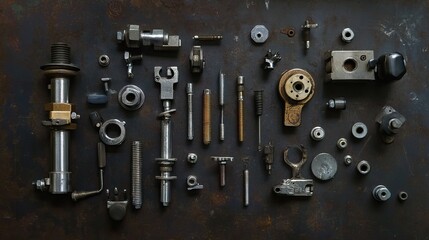 A disassembled carburetor showing individual screws, jets, and fuel bowls on a dark metal background
