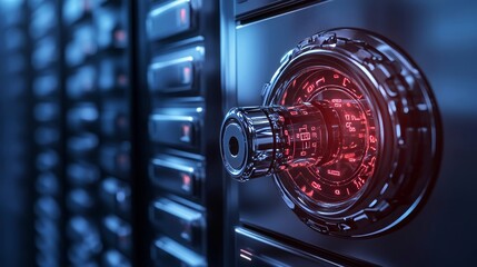 Fortress of information: secure data servers with glowing digital lock mechanism, illuminated in blue tones.