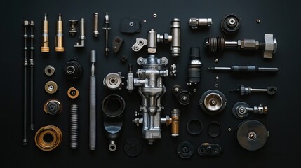 Obraz premium A disassembled carburetor with jets, floats, and gaskets neatly arranged on a dark background