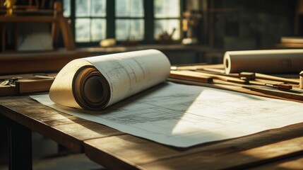 Architectural blueprints on rustic design studio table
