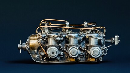A fully assembled carburetor mounted on an intake manifold with fuel lines attached on a dark blue background