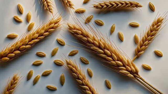 Golden wheat kernels separated on a white backdrop. Mature wheat ears detached on a white backdrop.