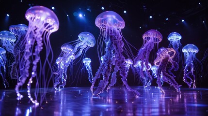 Vibrant Jellyfish Swimming Gracefully Underneath an Illuminated Stage