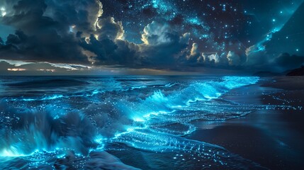 Enigmatic Ocean Waves Illuminated by Cosmic Light Under Mysterious Clouds