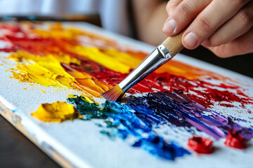 Painter creates a vibrant artwork in a studio filled with colorful paints and brushes