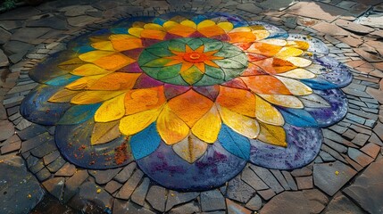 Vibrant Mandala Design Made with Colorful Sands on a Floor