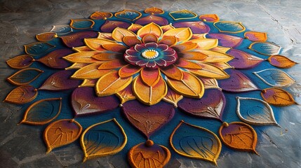 Vibrant Mandala Design Made with Colorful Sands on a Floor