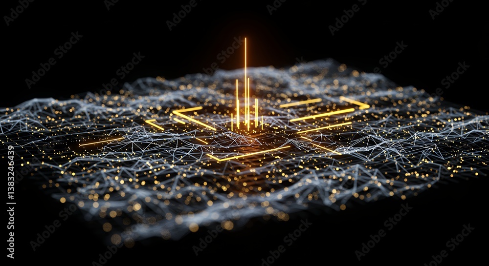 Poster abstract technology network connection with glowing lines and dots showing data flow, representing m
